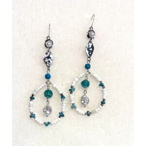 Handmade White Glass beaded Gemstone accented Drop Hoop Earrings 3 inch